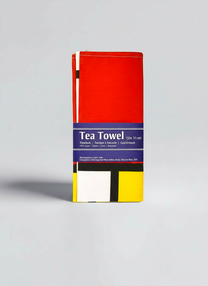 Mondrian Composition Red Blue and Yellow cotton tea towel close-up — art gift by ArtyGifts
