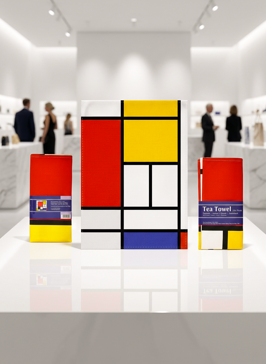 Mondrian Composition Red Blue and Yellow tea towel set in museum shop — ArtyGifts
