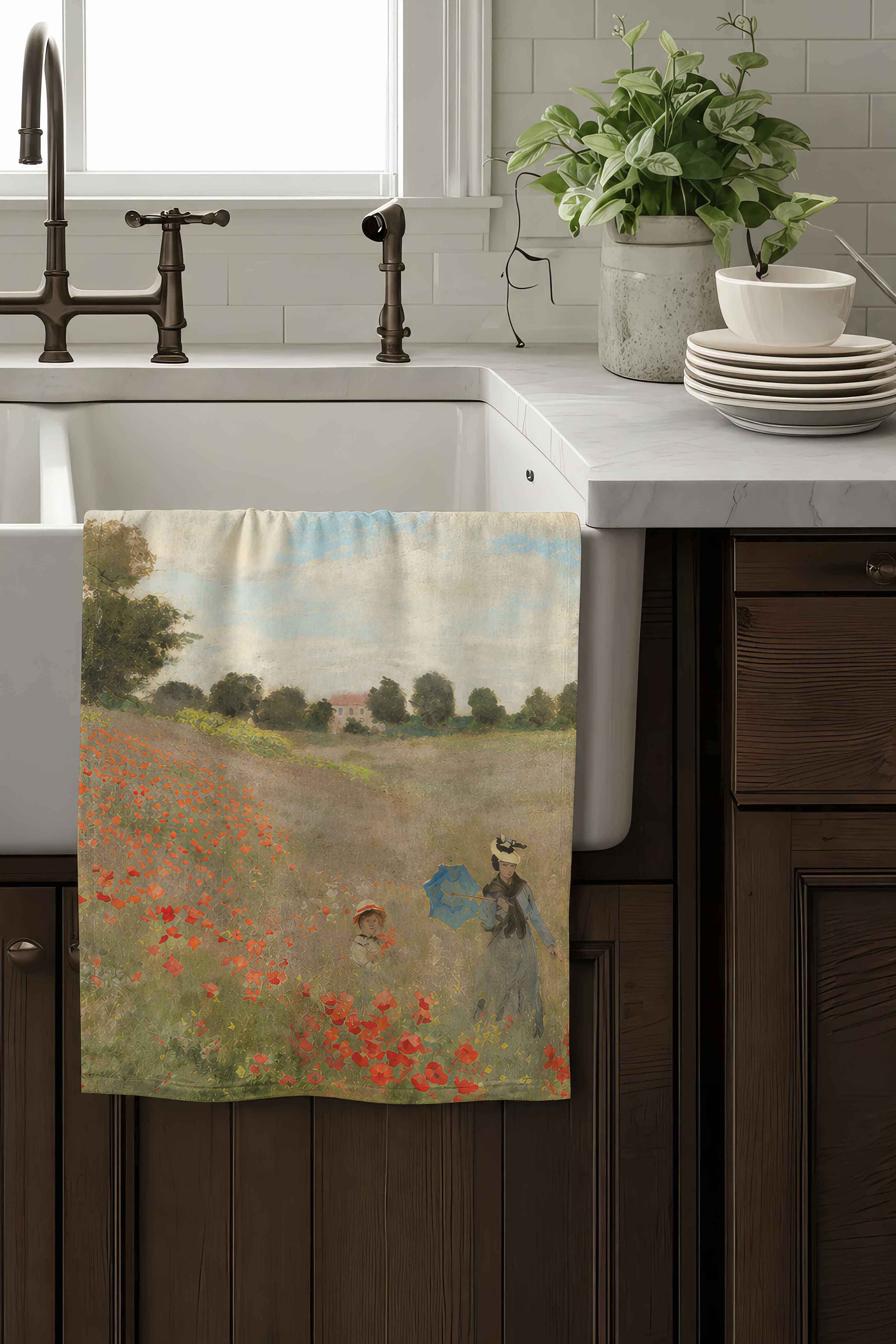 Tea Towel Set Field with Poppies Claude Monet – hanging in kitchen lifestyle | ArtyGifts
