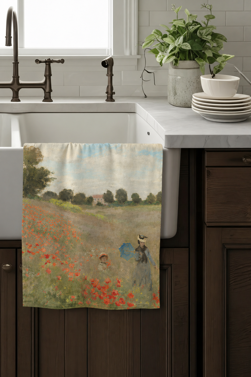 Tea Towel Set with Field with Poppies design by Claude Monet styled in a kitchen setting — ArtyGifts
