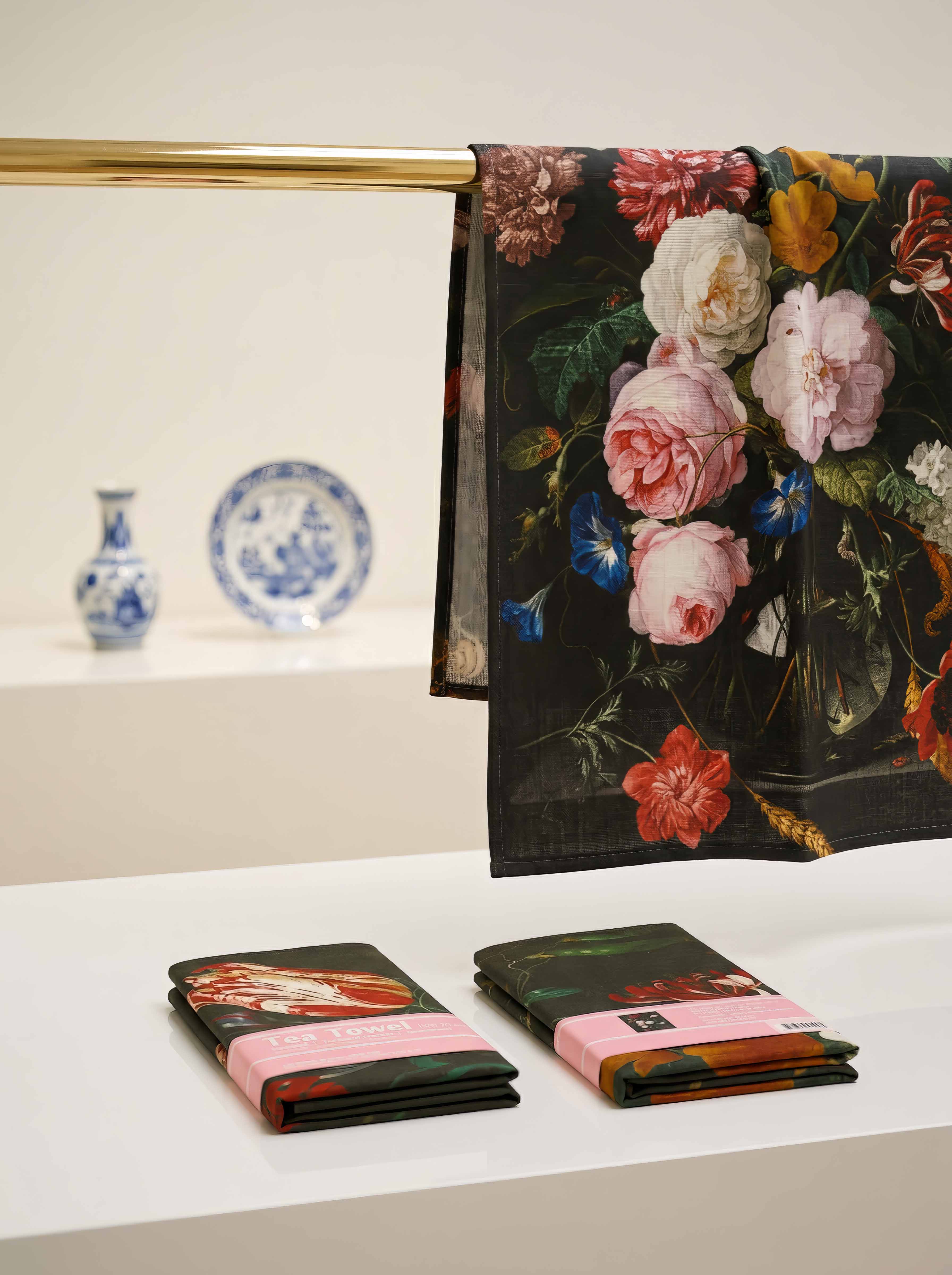 Tea Towel Set Flower Still Life Jan Davidsz de Heem – set of 2 folded on display | ArtyGifts
