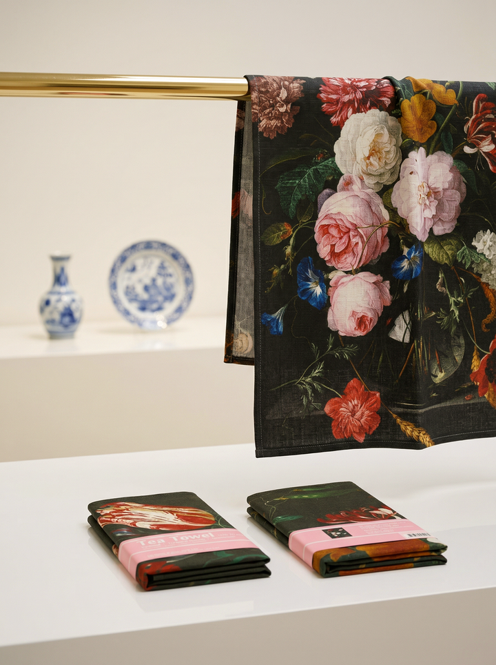 De Heem Flower Still Life tea towel set displayed in museum shop — Rijksmuseum x ArtyGifts
