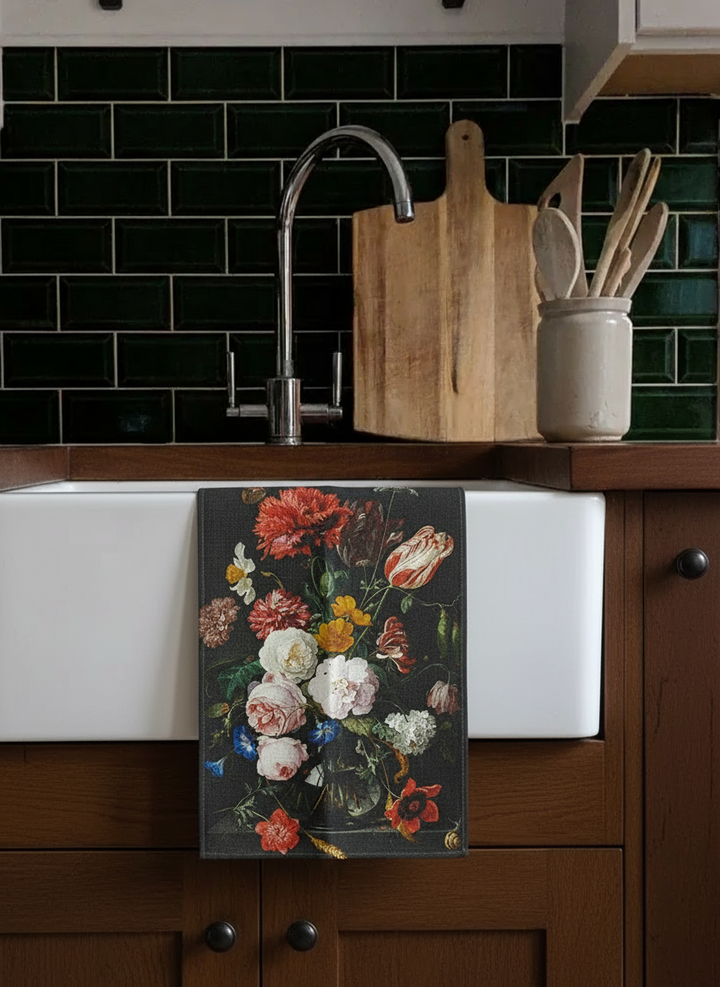 De Heem Flower Still Life cotton tea towel close-up — art gift by ArtyGifts
