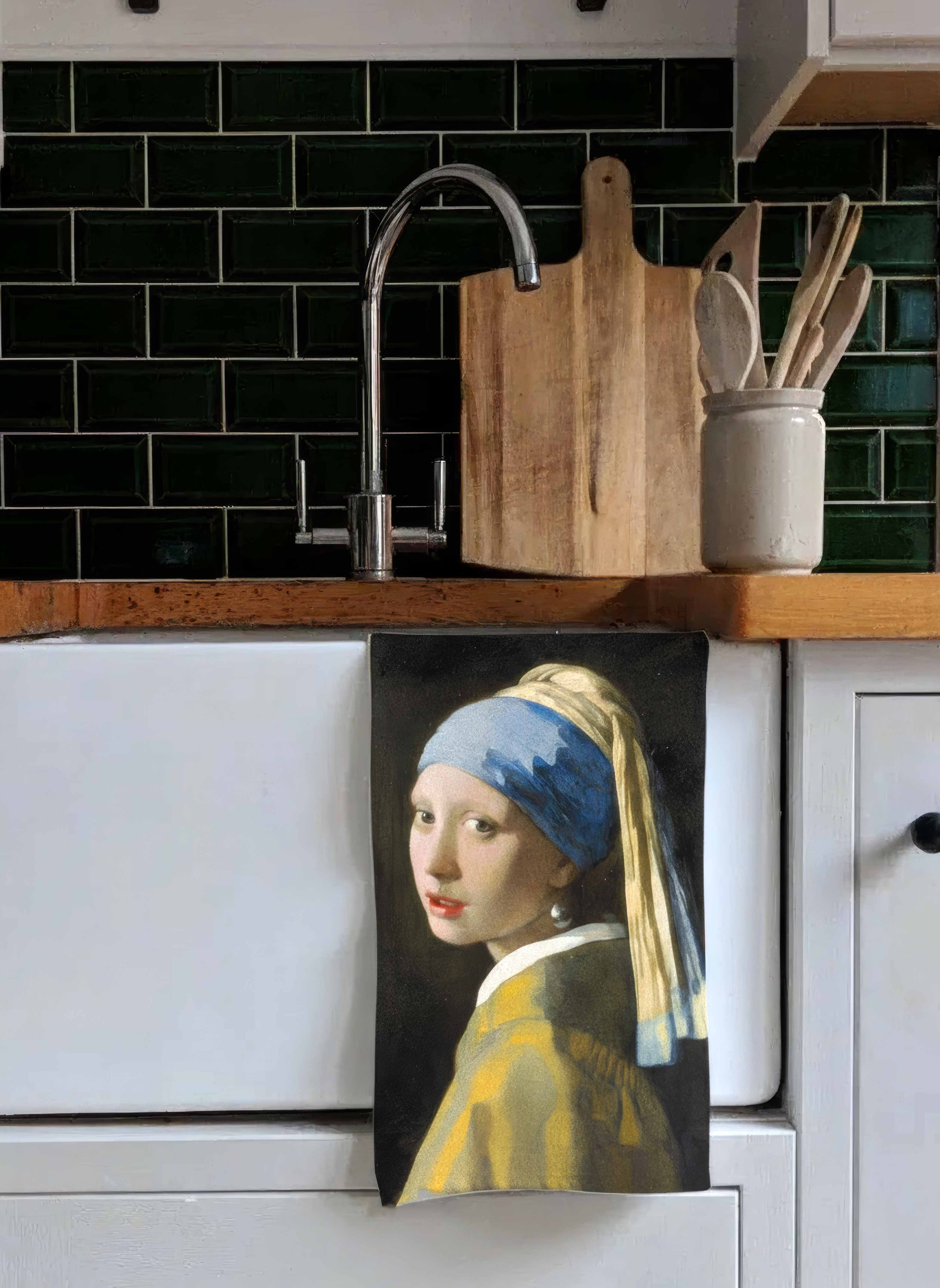 Tea Towel Set Girl with a Pearl Earring Johannes Vermeer – hanging in kitchen lifestyle | ArtyGifts

