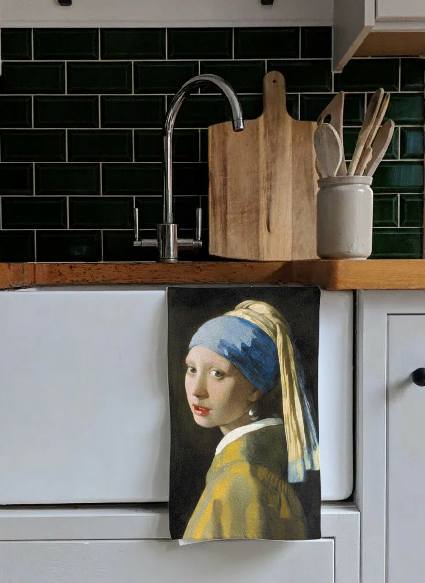 Vermeer Girl with the Pearl Earring tea towel set styled in kitchen — ArtyGifts
