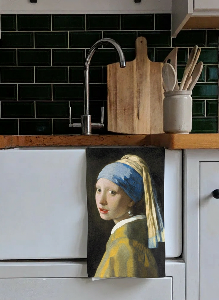 Vermeer Girl with the Pearl Earring tea towel set styled in kitchen — ArtyGifts

