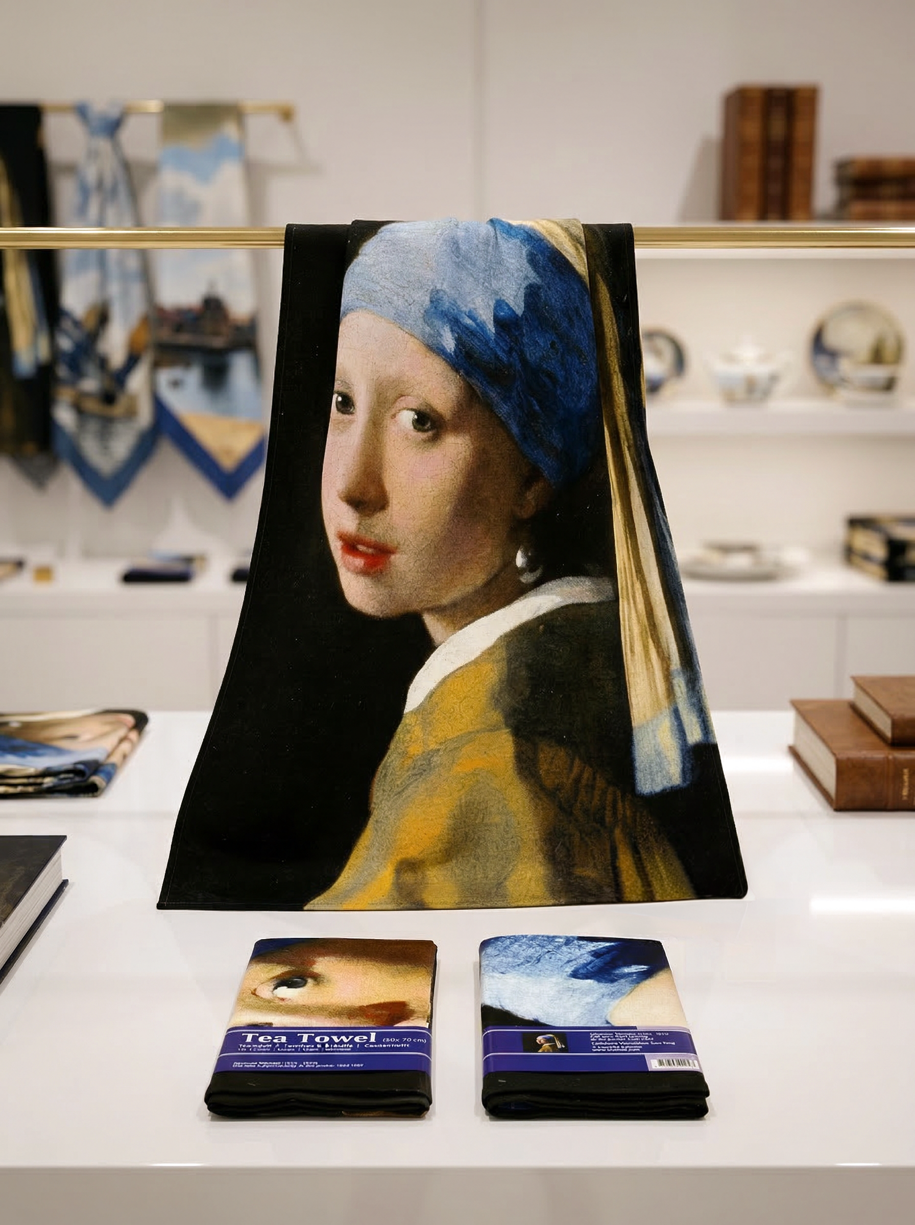 Vermeer Girl with the Pearl Earring tea towel set styled in museum shop— ArtyGifts
