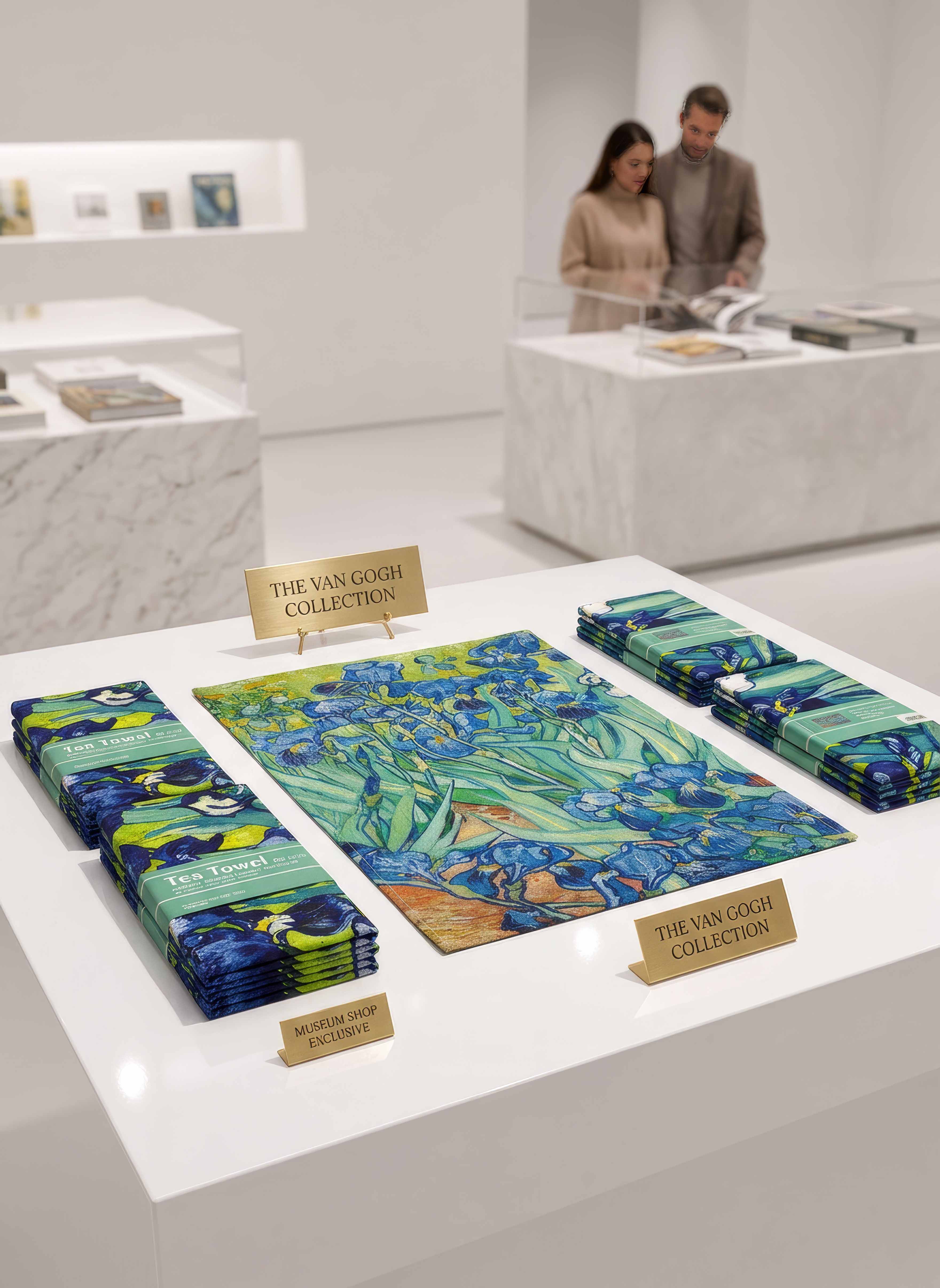 Tea Towel Set Irises Vincent van Gogh – museum shop display with packaging | ArtyGifts
