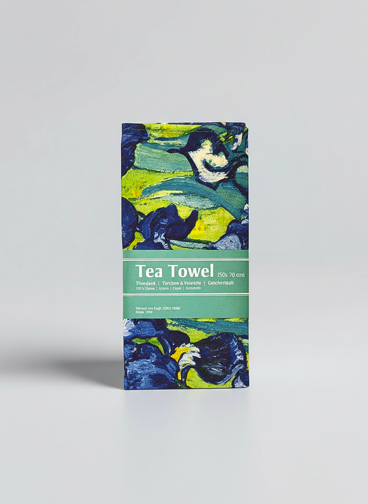 Van Gogh Irises cotton tea towel product photo — museum-quality art gift by ArtyGifts
