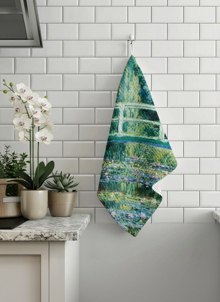 Monet Japanese Bridge tea towel set styled in kitchen — art-inspired homeware by ArtyGifts

