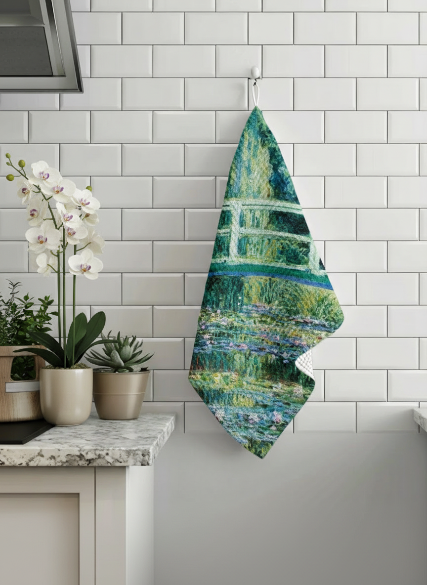 Monet Japanese Bridge tea towel set styled in kitchen — art-inspired homeware by ArtyGifts
