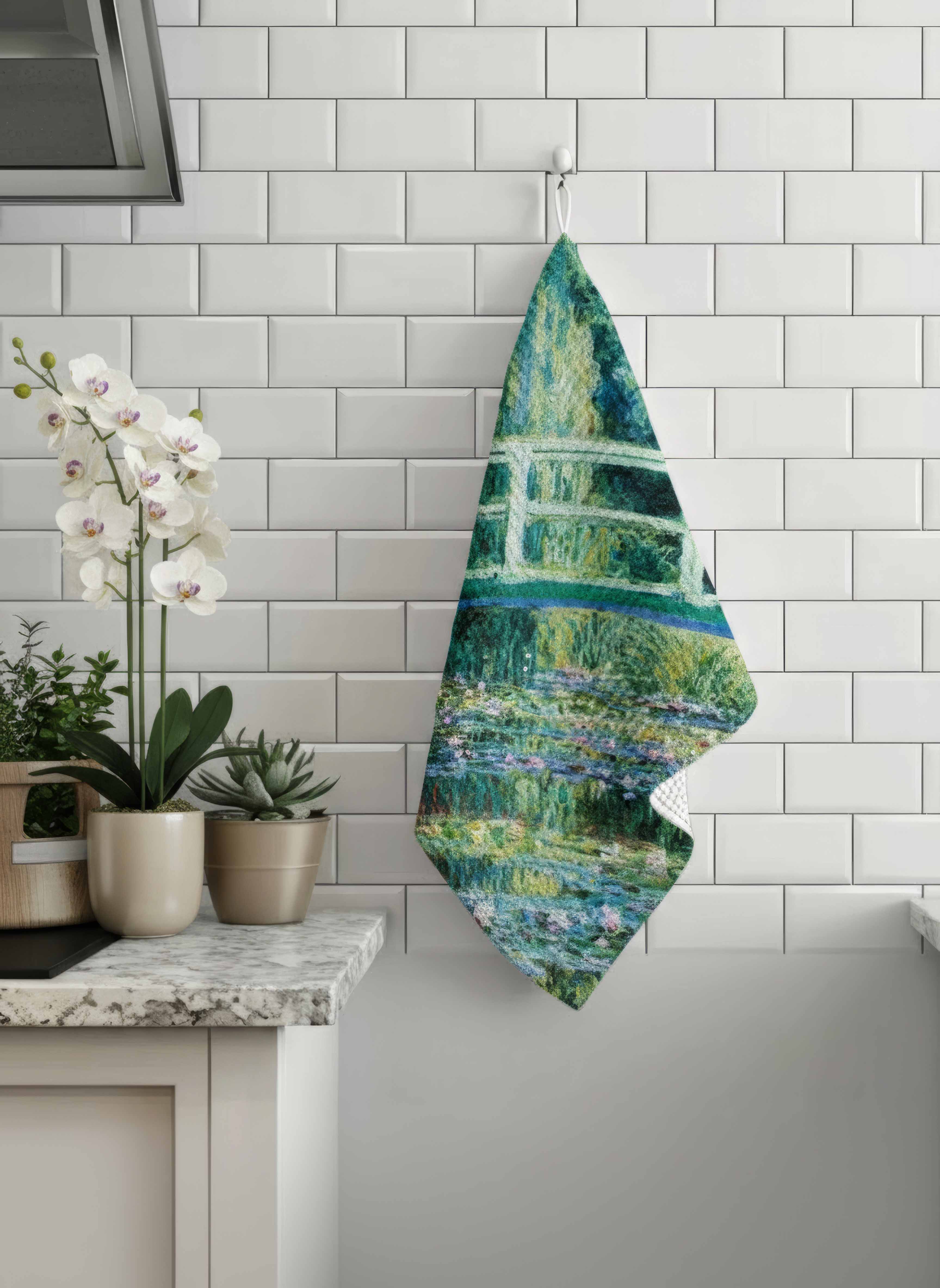 Tea Towel Set The Japanese Bridge Claude Monet – hanging in bathroom lifestyle | ArtyGifts
