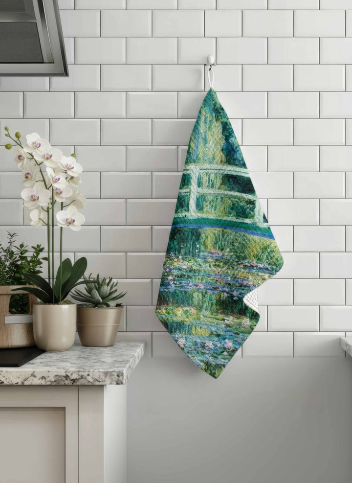 Tea Towel Set The Japanese Bridge Claude Monet – hanging in bathroom lifestyle | ArtyGifts
