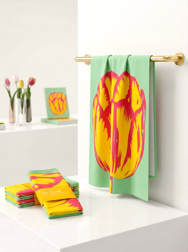 Tea Towel Set Modern Tulip yellow – art kitchen gift in eco-friendly packaging | ArtyGifts
