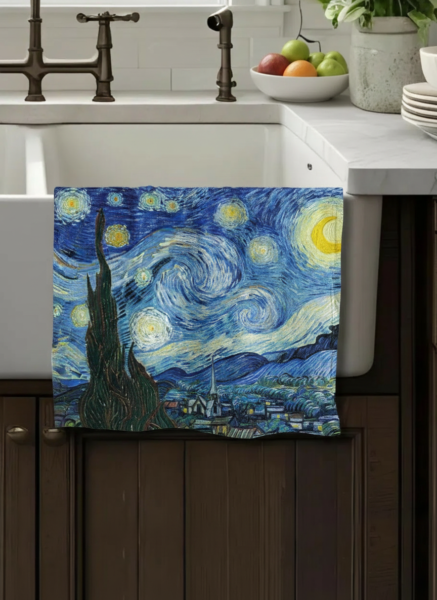 Van Gogh Starry Night tea towel set styled in kitchen — art-inspired homeware by ArtyGifts
