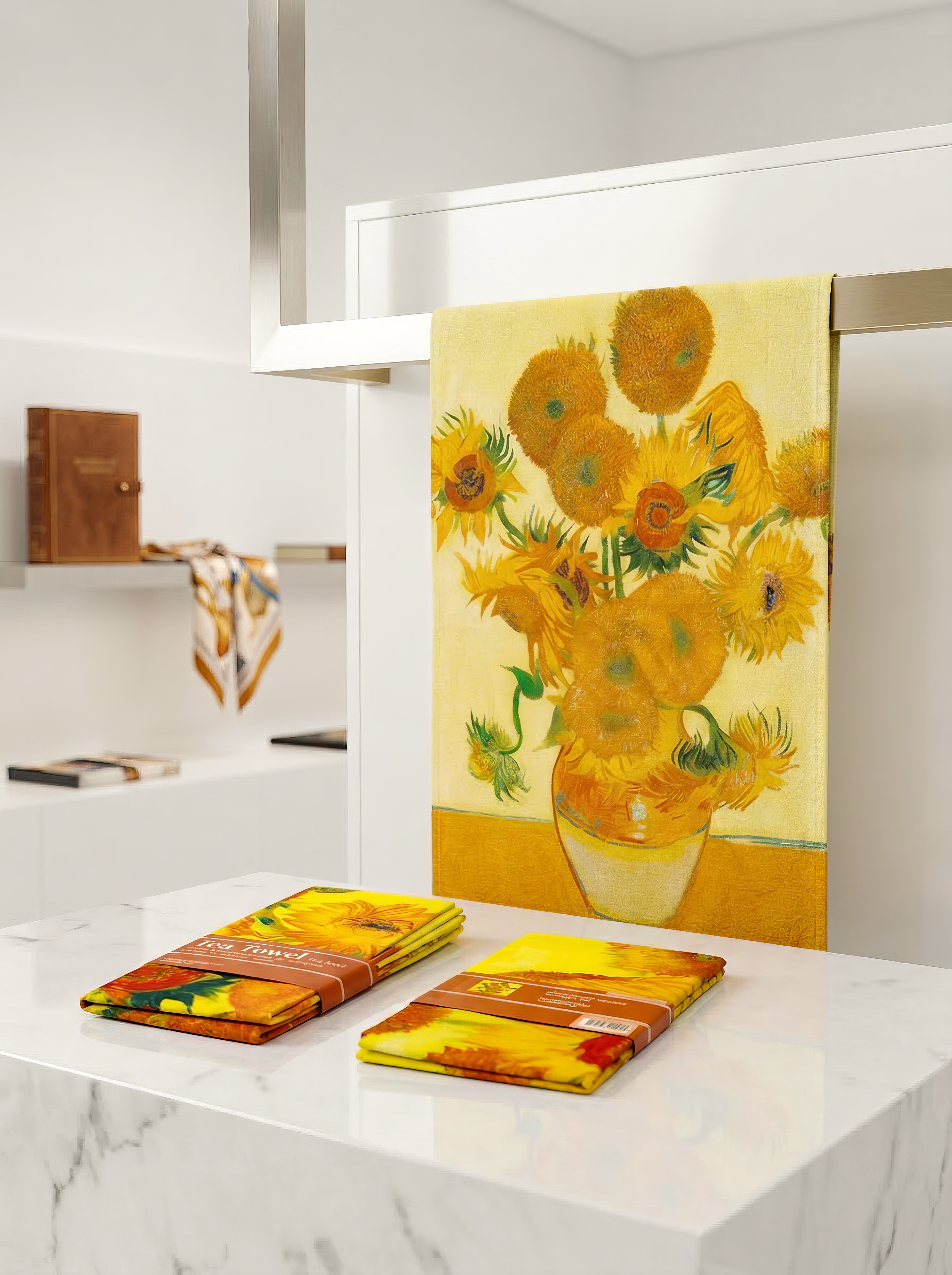 Tea Towel Set Sunflowers Vincent van Gogh – lifestyle display in kitchen | ArtyGifts
