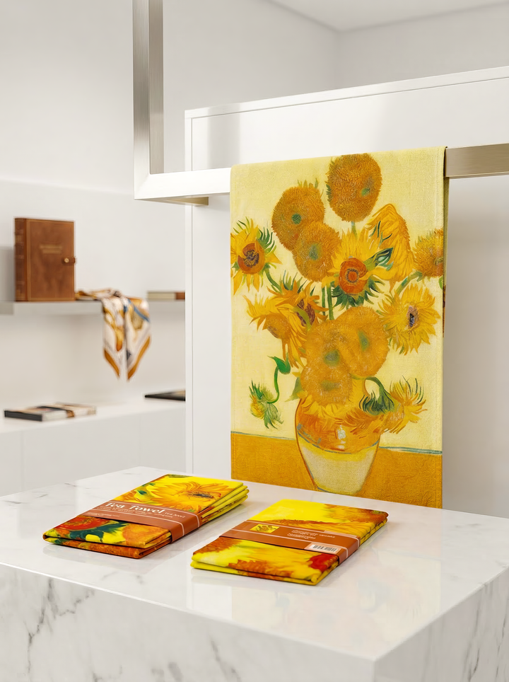 Tea Towel Set Sunflowers Vincent van Gogh – lifestyle display in kitchen | ArtyGifts
