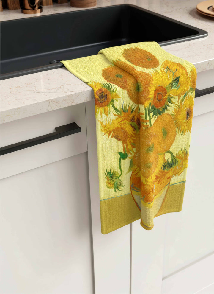 Tea Towel Set Sunflowers Vincent van Gogh – hanging on oven handle kitchen lifestyle | ArtyGifts
