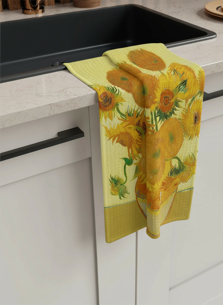 Van Gogh Sunflowers tea towel set styled in kitchen — vibrant art homeware by ArtyGifts
