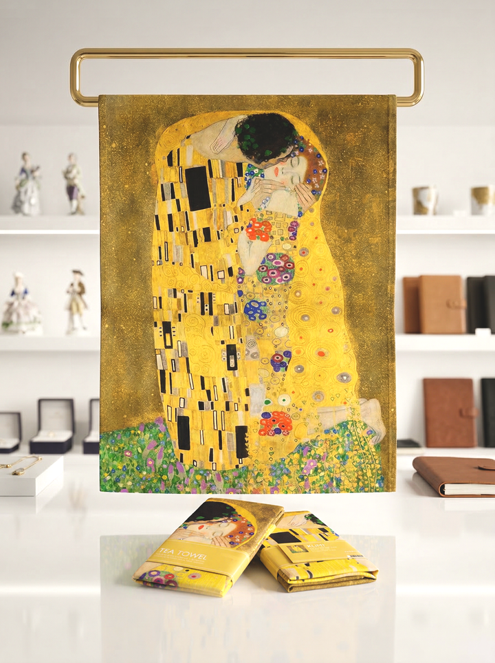 Klimt The Kiss cotton tea towel display in museum shop — museum-quality art gift by ArtyGifts
