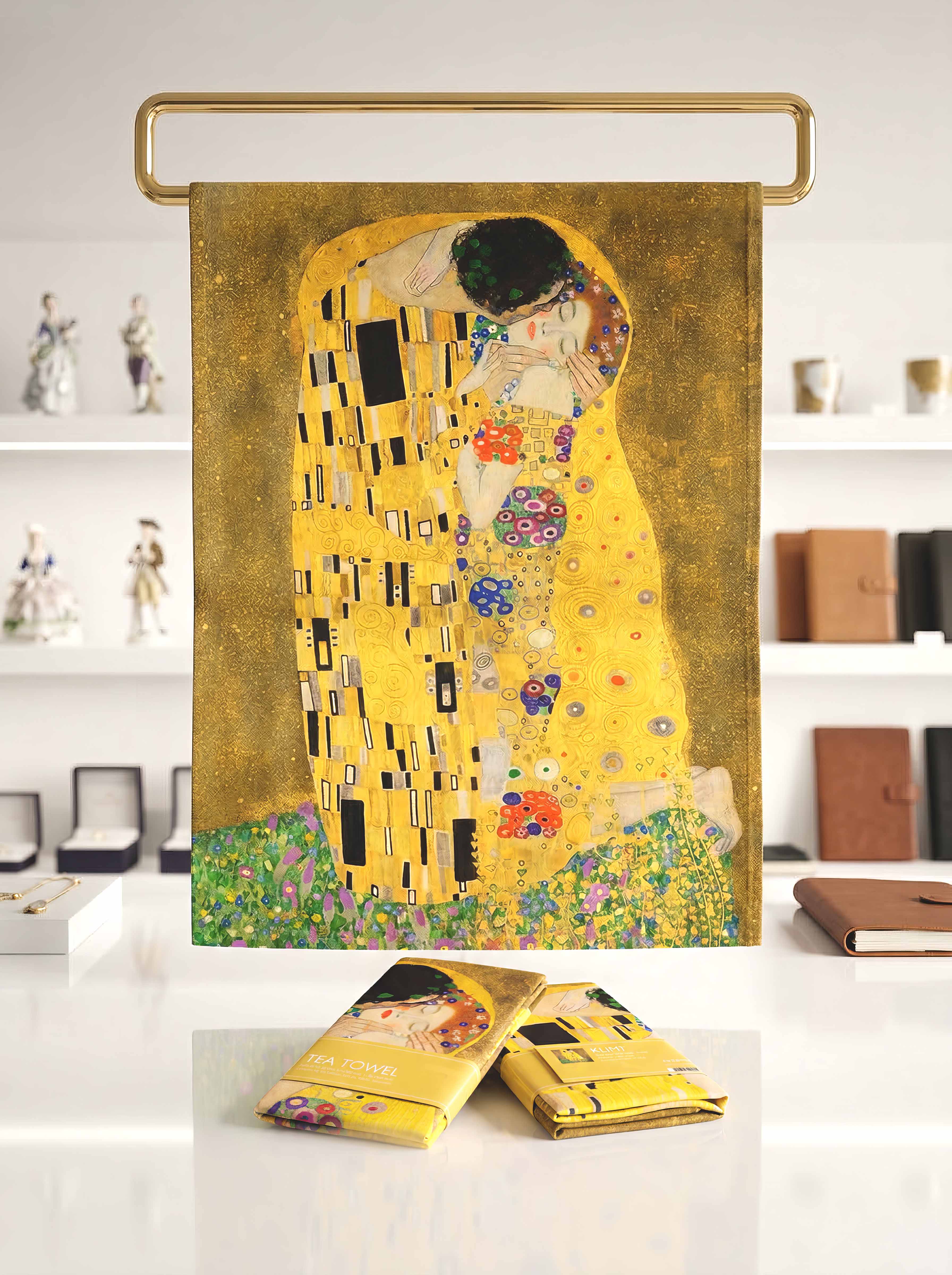 Tea Towel Set The Kiss Gustav Klimt – lifestyle display on wall rack | ArtyGifts
