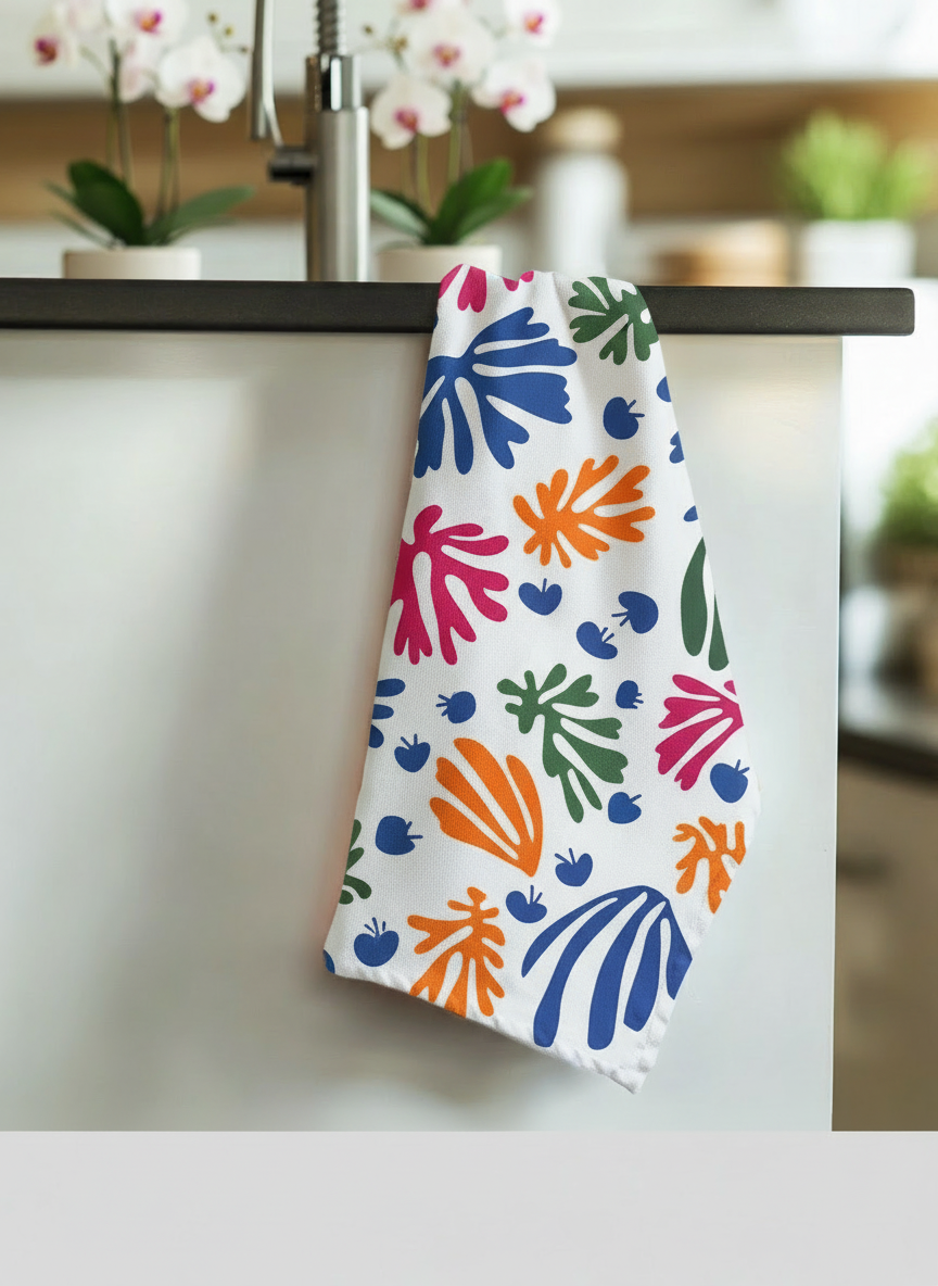Matisse The Parakeet and the Mermaid tea towel set in kitchen setting — ArtyGifts
