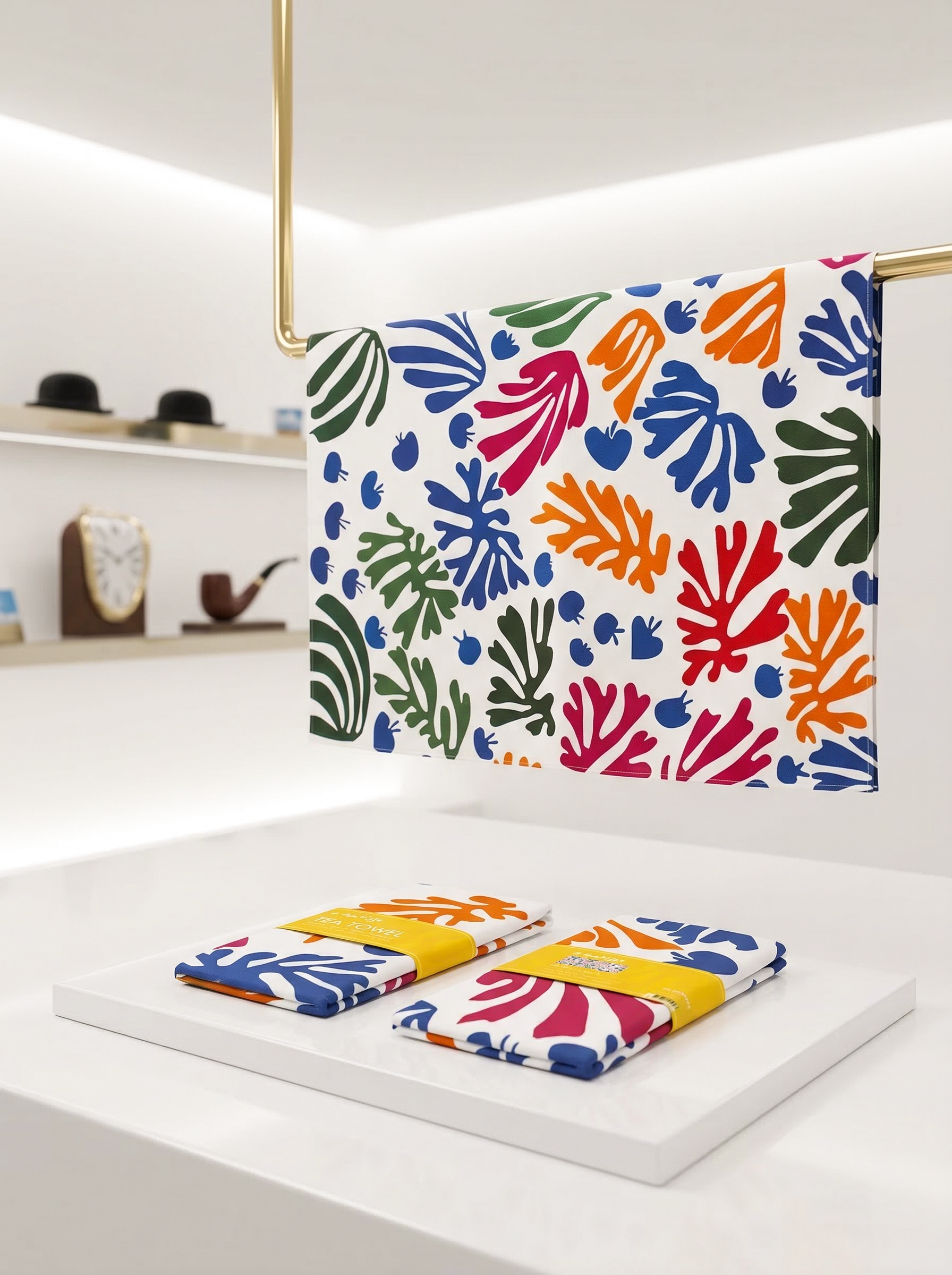 Matisse The Parakeet and the Mermaid tea towel set in kitchen setting — ArtyGifts
