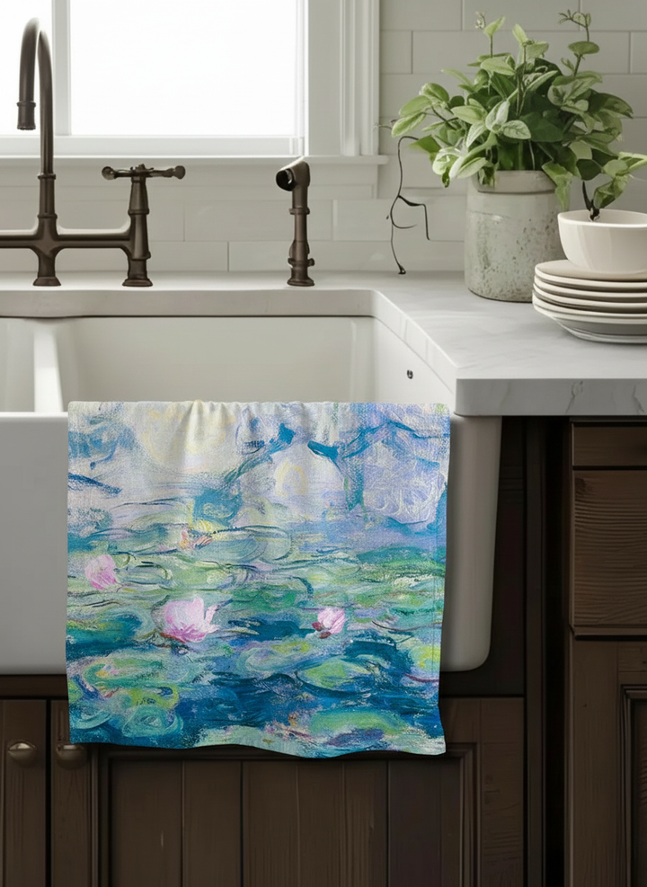 Monet Water Lilies cotton tea towel Monet Water Lilies tea towel set styled in kitchen — art-inspired homeware by ArtyGifts

