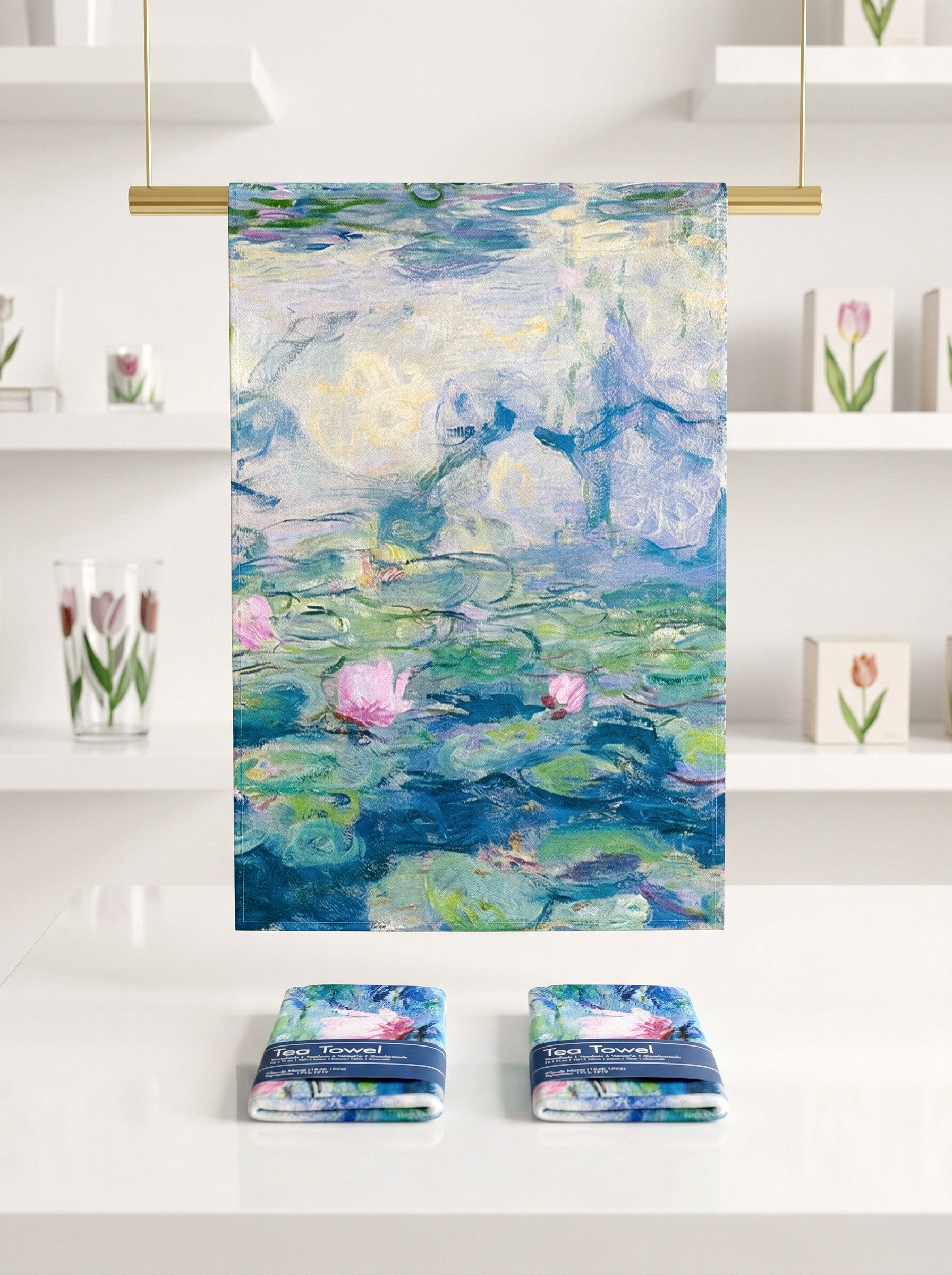 Monet Water Lilies tea towel set styled in kitchen — art-inspired homeware by ArtyGifts
