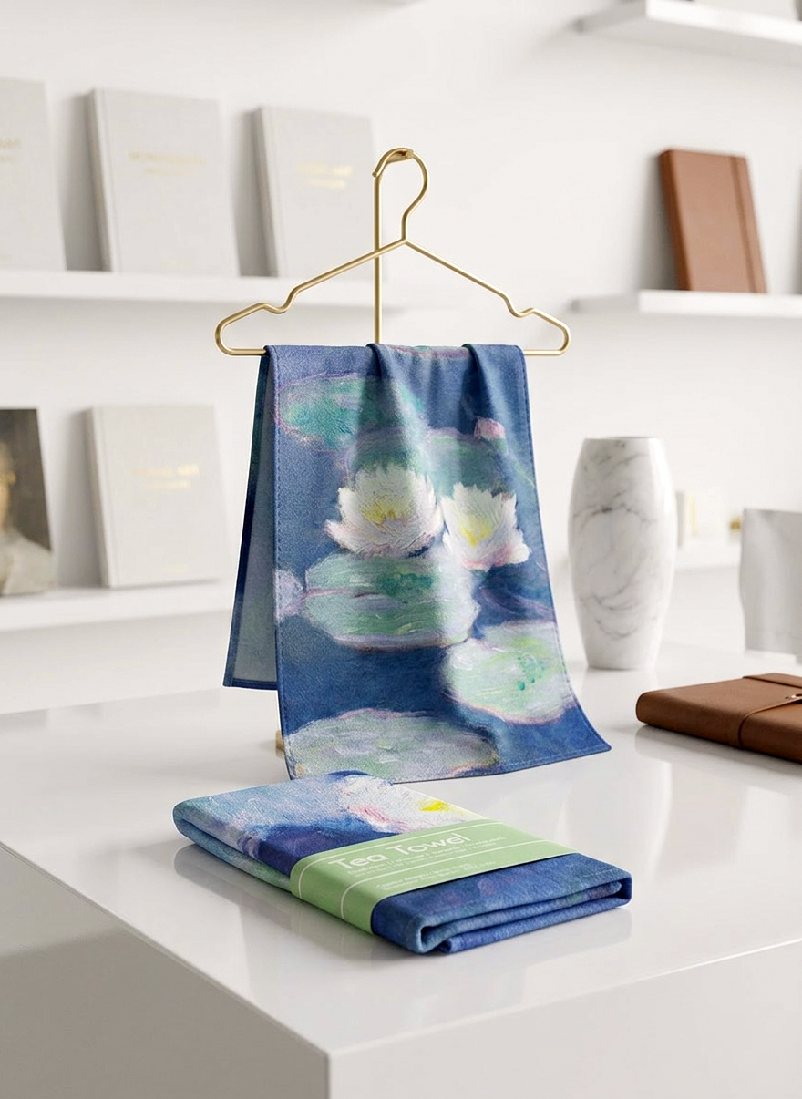 Monet Water Lilies Evening Night tea towel set in displayed in museum shop — ArtyGifts
