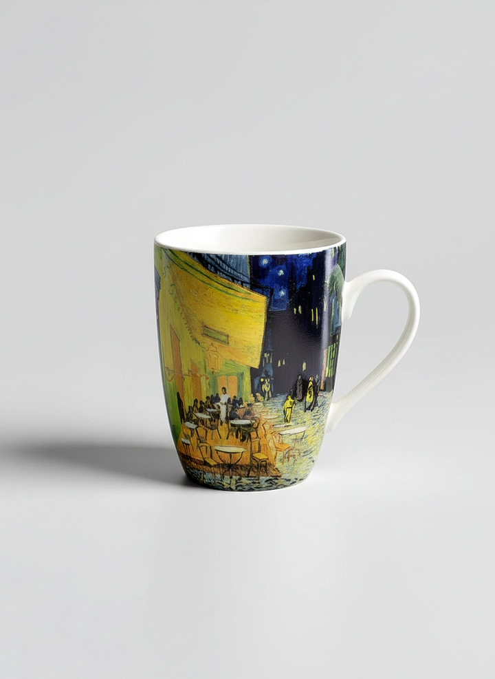 Van Gogh Café Terrace at Night porcelain mug front view – night scene art design, ArtyGifts