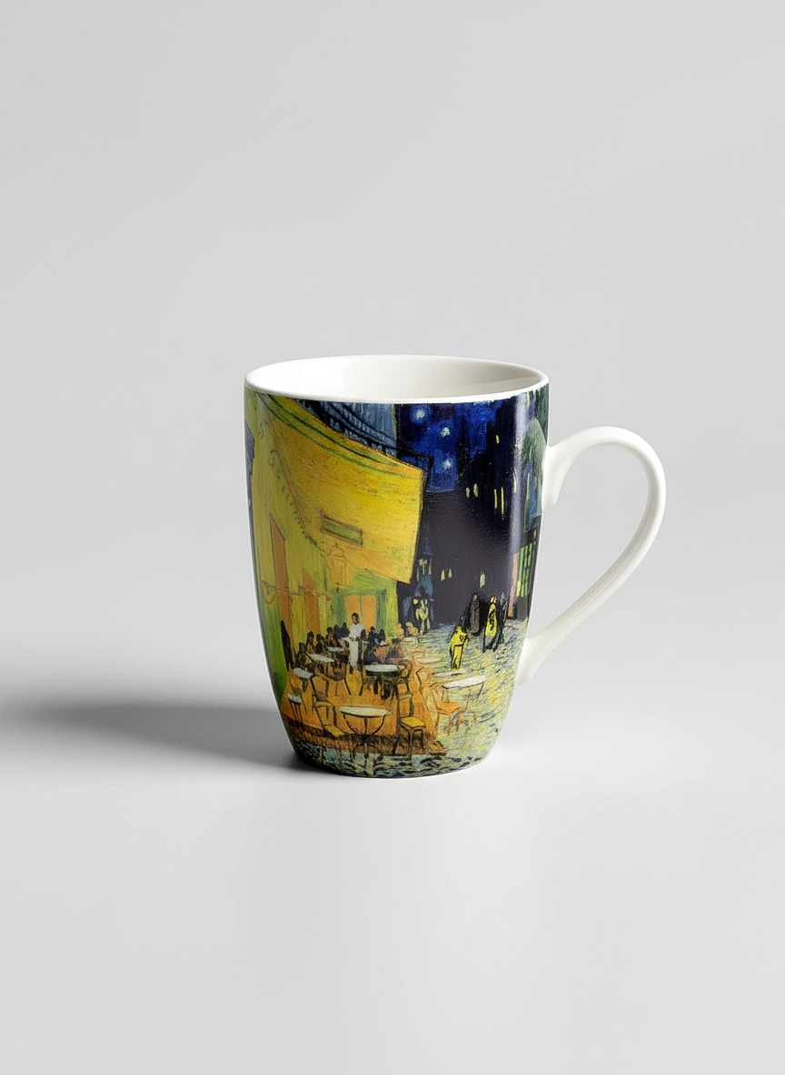 Van Gogh Café Terrace at Night porcelain mug front view – night scene art design, ArtyGifts
