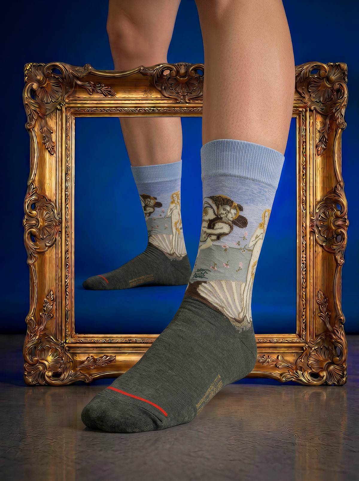 The Birth of Venus art socks featuring Botticelli’s artwork shown in front of an ornate gold frame