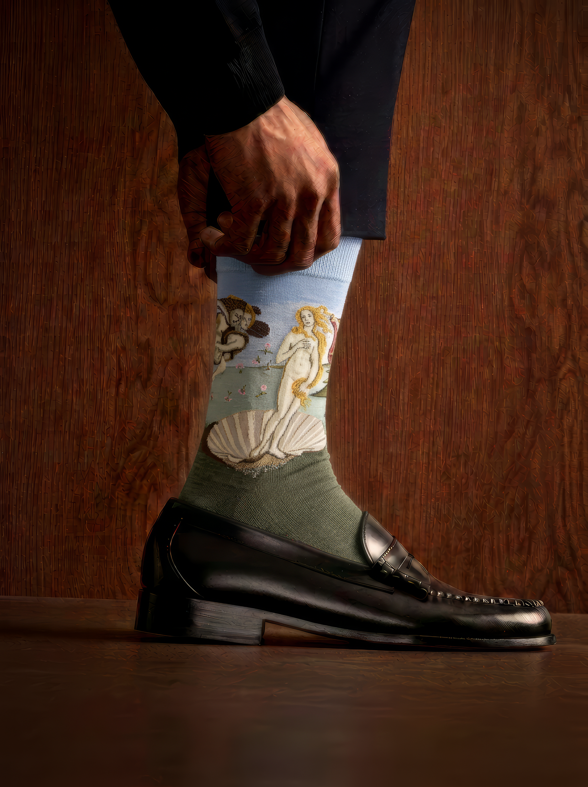 The Birth of Venus art socks featuring Botticelli’s artwork worn with a black leather loafer against a wooden background
