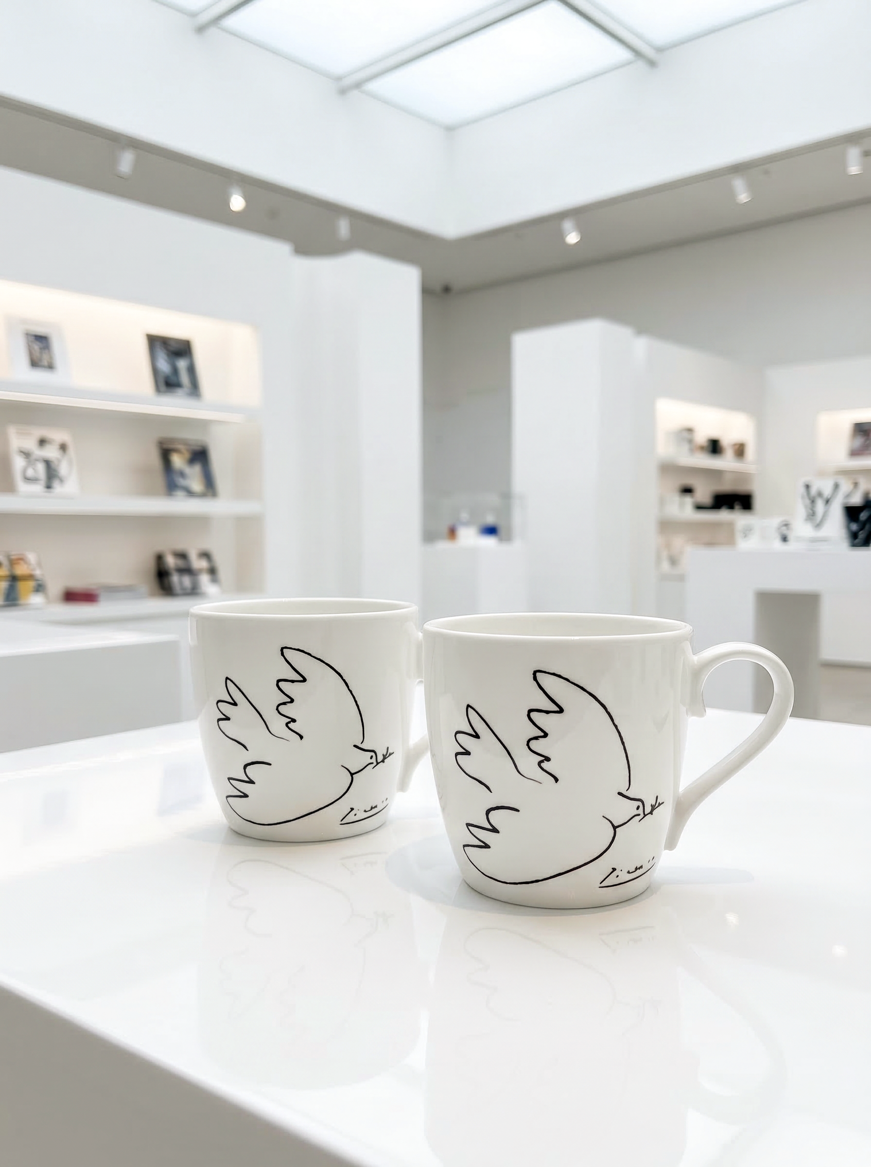 Picasso La Colombe de la Paix porcelain mug set – two mugs in gallery setting, ArtyGifts museum shop