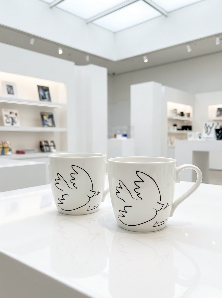 Picasso La Colombe de la Paix porcelain mug set – two mugs in gallery setting, ArtyGifts museum shop