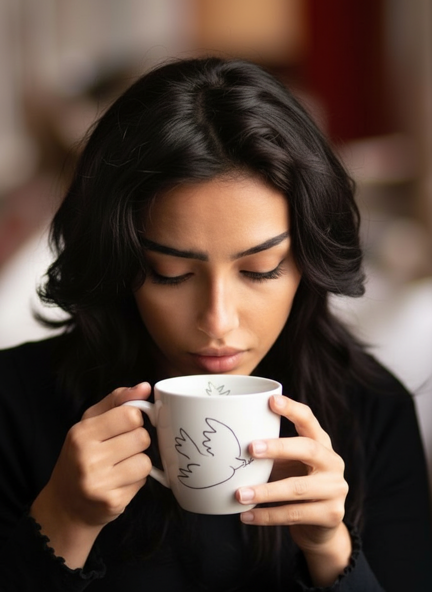 Picasso La Colombe de la Paix porcelain mug – woman drinking from mug, ArtyGifts
