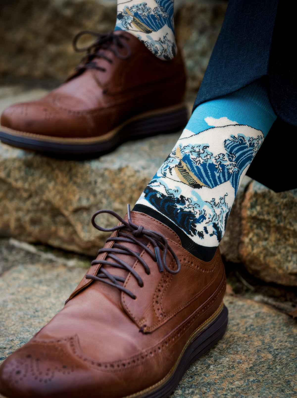 The Great Wave Blue art socks by Katsushika Hokusai worn with brown leather lace-up shoes