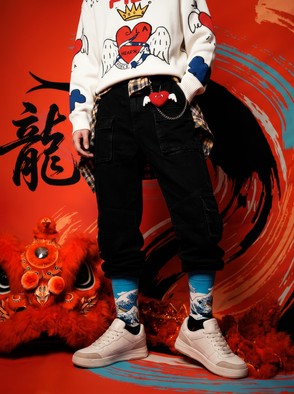 The Great Wave Blue art socks by Katsushika Hokusai worn with white sneakers against an orange background