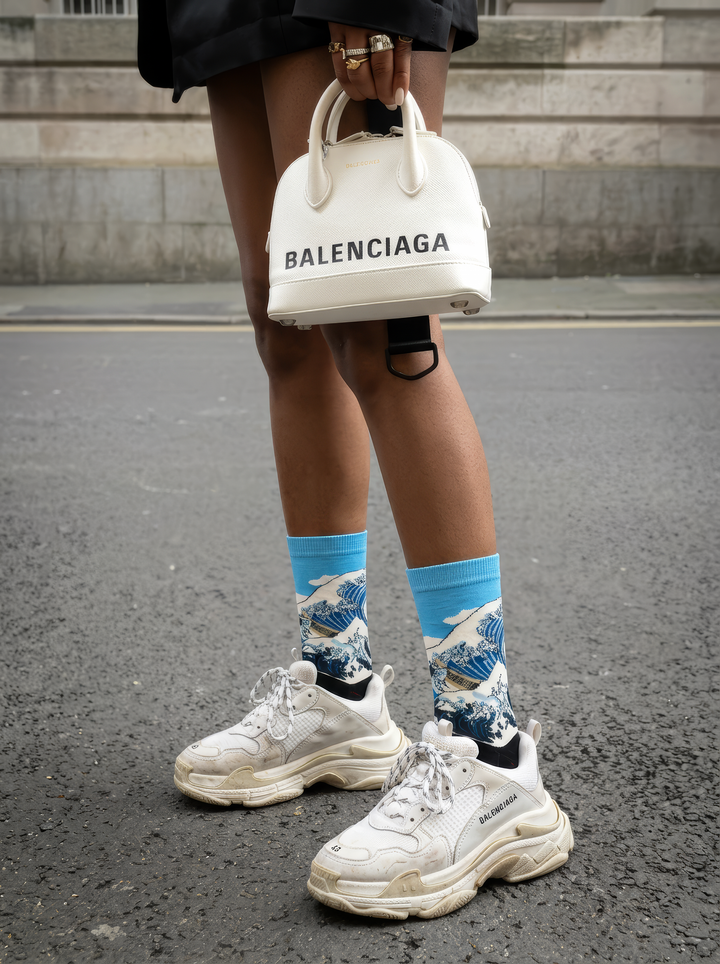 The Great Wave Blue art socks by Katsushika Hokusai worn with white sneakers and shorts