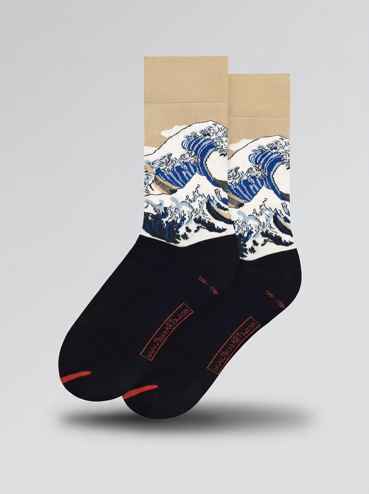 Pair of black The Great Wave (Classic) art socks by Katsushika Hokusai shown on a white background