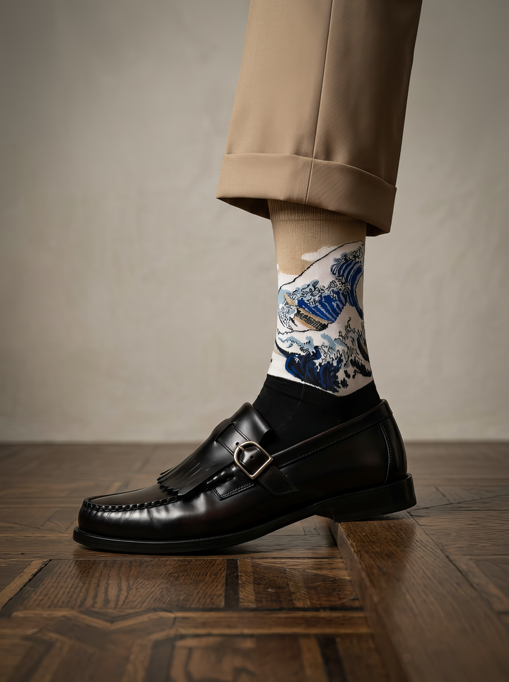 The Great Wave (Classic) art socks by Katsushika Hokusai worn with black leather ankle boots and beige trousers