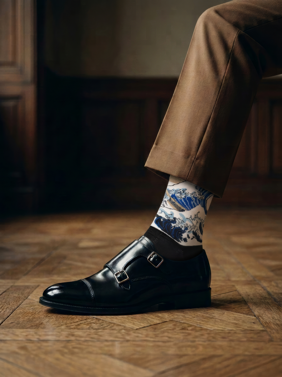 The Great Wave (Classic) art socks by Katsushika Hokusai worn with black leather shoes and brown trousers