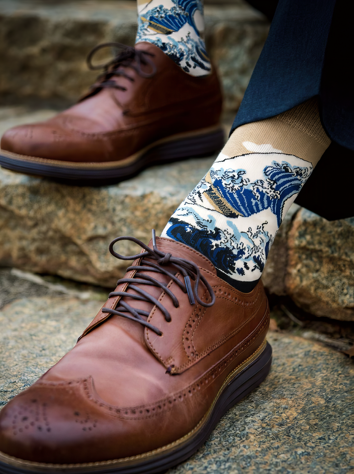 The Great Wave (Classic) art socks by Katsushika Hokusai worn with brown leather lace-up shoes