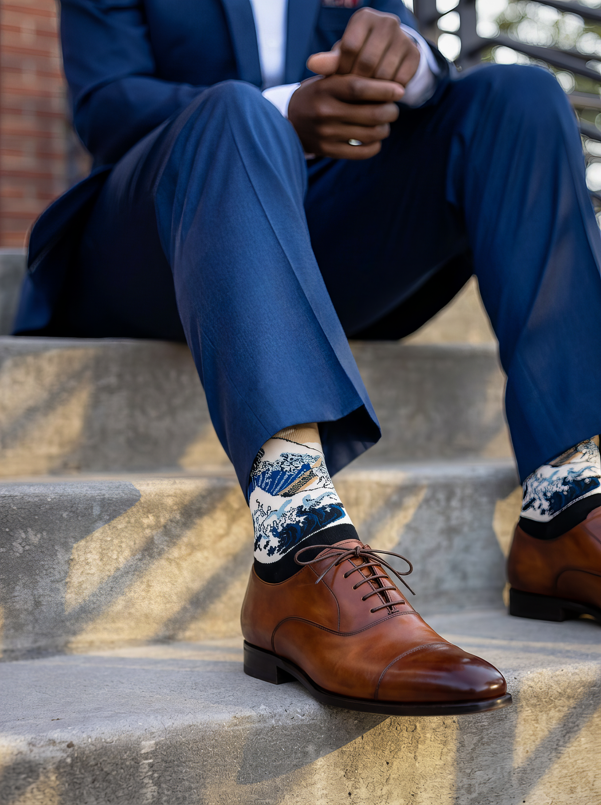 The Great Wave (Classic) art socks by Katsushika Hokusai worn with brown leather shoes and blue trousers