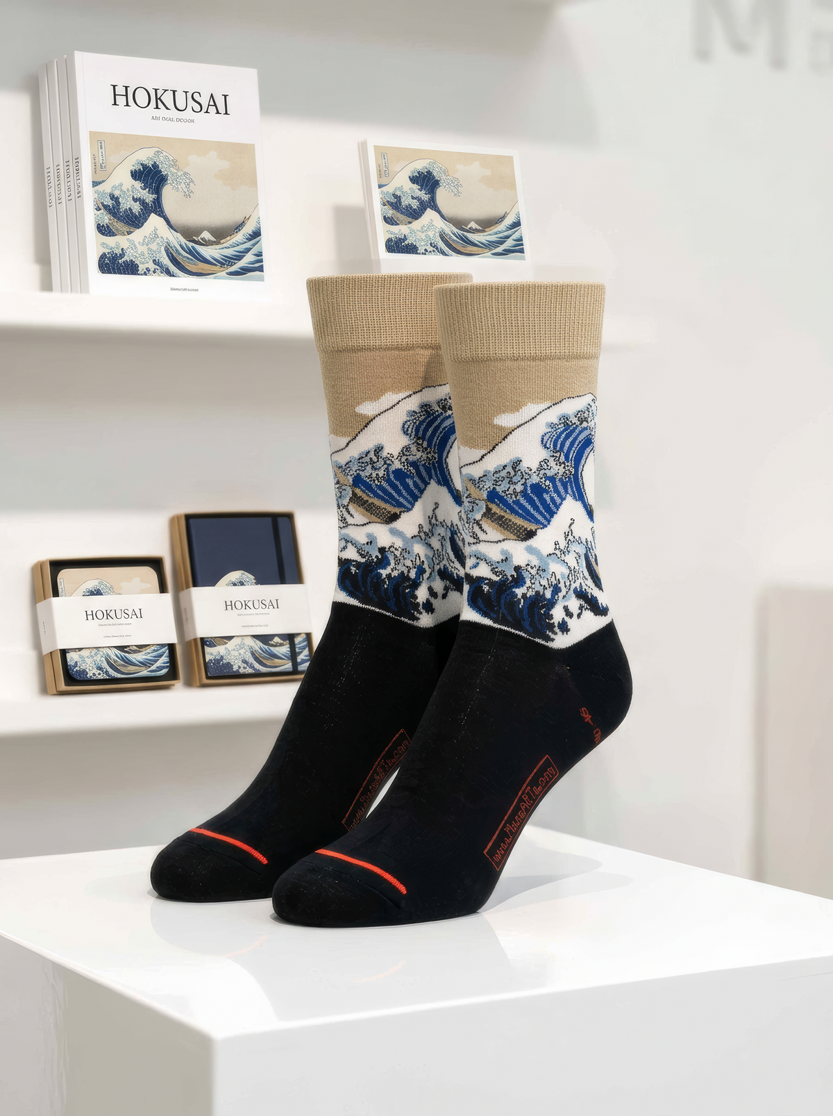 The Great Wave (Classic) unisex art socks by Katsushika Hokusai displayed on a white pedestal