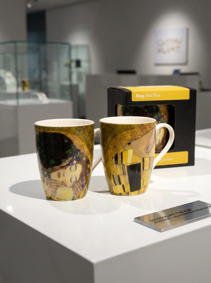 Klimt The Kiss porcelain mug set with yellow gift box – Belvedere Museum Vienna, ArtyGifts