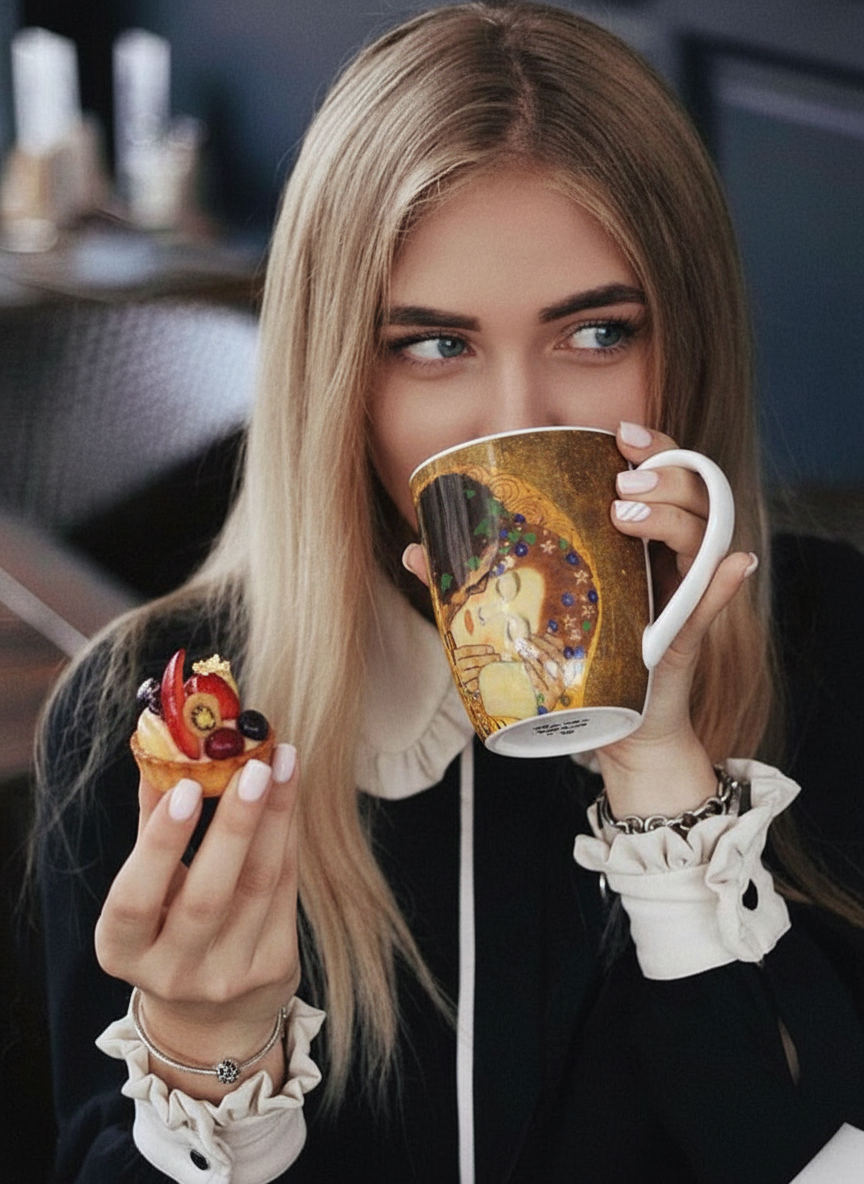 Klimt The Kiss porcelain mug – woman holding two mugs, ArtyGifts museum shop