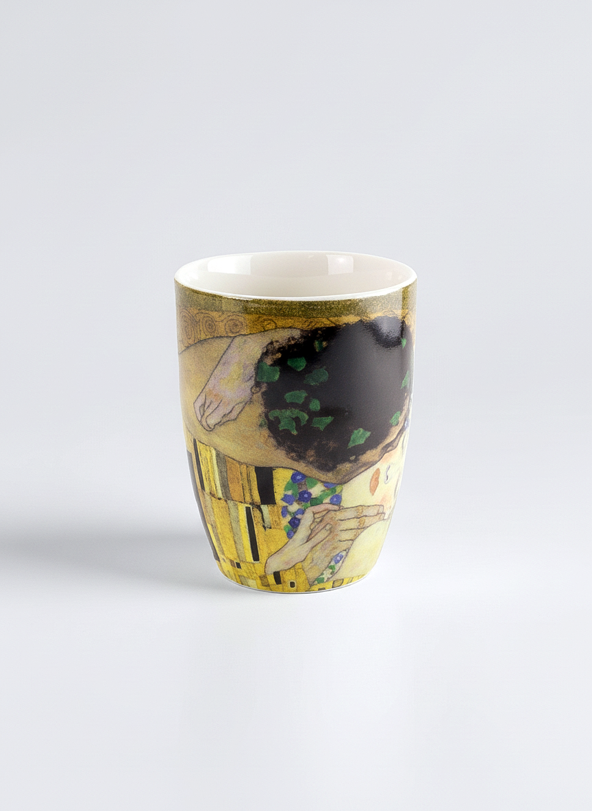 Decorative mug with artistic design on a light gray background