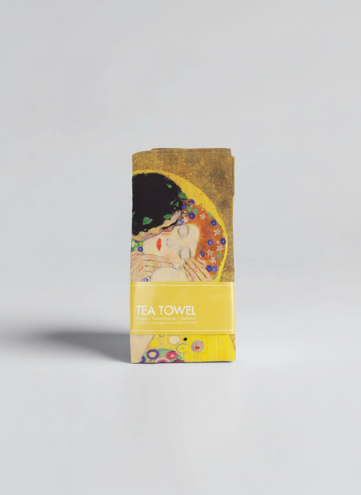 Klimt museum gift The Kiss art tea towel close-up – museum-licensed Klimt gift from ArtyGifts